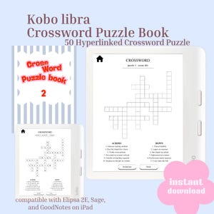 May include: A white Kobo Libra e-reader displaying a crossword puzzle titled ocean life with across and down clues. The screen shows a grid, a home icon, and navigation buttons. Text includes Kobo Libra Crossword Puzzle Book 50 Hyperlinked Crossword Puzzle, instant download, and compatibility with Elipsa 2E, Sage, and GoodNotes on iPad.