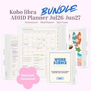 Puede incluir: Un paquete de lectores electrónicos Kobo Libra que incluye un planificador TDAH de julio de 2026 a junio de 2027, un planificador de comidas y un juego de preguntas. Las pantallas muestran un calendario de septiembre de 2026 y un quiz.