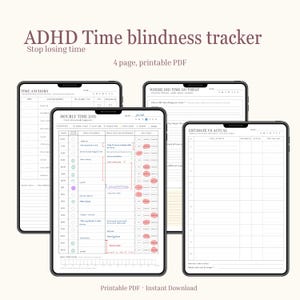 May include: A four-page printable PDF ADHD time blindness tracker displayed on digital tablets. The pages feature structured layouts including an hourly time log, time anchors, and estimate versus actual activity tables with text in dark brown.