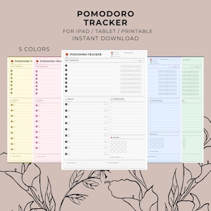 May include: A digital Pomodoro Tracker in five colours: yellow, pink, white, blue, and green. The tracker is designed for iPad, tablet, and printable use, with an instant download option. The design includes sections for tasks, a focus timer, and a distraction list.