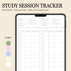 May include: A digital tablet displaying a financial debt tracker template with two columns of fields for creditor, account, interest rate, payment, and balance details. The screen shows a progress bar and a monthly payment log. Five color circles are visible.