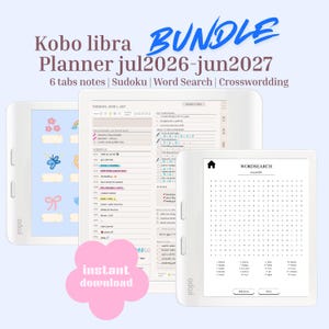 Könnte beinhalten: Drei weiße Kobo Libra E-Reader mit digitalen Planerseiten, darunter ein Wochenplan für Juni 2027, ein Wortsuchrätsel und eine Seite mit bunten Symbolen. Text: Kobo libra BUNDLE Planner jul2026-jun2027 6 tabs notes | Sudoku | Word Search | Crosswordding.