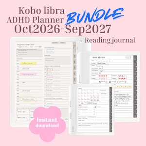 Könnte beinhalten: Ein Kobo Libra ADHS-Planer-Paket für Oktober 2026 bis September 2027, inklusive Lesetagebuch. Das digitale Display zeigt Tagespläne, Aufgabenlisten und Buchrezensionsvorlagen mit Sternchenbewertungen. Ein rosa Blumen-Icon zeigt Sofort-Download.