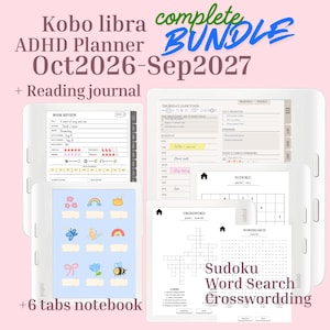 Könnte beinhalten: Ein Kobo Libra Digitalplaner-Paket für Oktober 2026 bis September 2027. Das Set enthält einen ADHS-Planer, ein Lesetagebuch, ein Notizbuch mit 6 Registern sowie Rätselseiten mit Sudoku, Wortsuche und Kreuzworträtseln auf weißen Bildschirmen.
