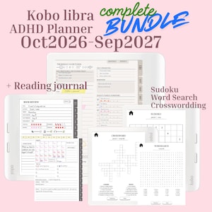 Può includere: Un pacchetto di e-reader Kobo Libra che include un'agenda ADHD da ottobre 2026 a settembre 2027, un diario di lettura e pagine di puzzle con Sudoku, ricerca di parole e cruciverba visualizzati su schermi di tablet digitali bianchi.