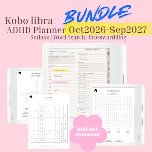 Puede incluir: Un paquete de planificador TDAH Kobo Libra para octubre de 2026 a septiembre de 2027, con pantallas digitales que muestran horarios diarios, Sudoku, sopas de letras y crucigramas. El texto incluye BUNDLE, Kobo libra ADHD Planner Oct2026-Sep2027, Sudoku, Word Search, Crosswordding e instant download.