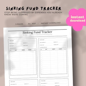 Könnte beinhalten: Ein schwarz-weiß druckbarer "Sinking Fund Tracker" mit dem Text "Stop being surprised by expenses you already knew were coming." Das Dokument enthält Felder für Fondsname, Zielbetrag, Startdatum und Beitragsprotokoll. Eine pinkfarbene Grafik sagt "instant download."