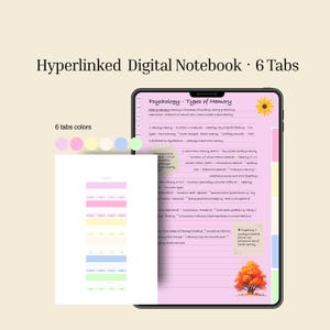 May include: A hyperlinked digital notebook with 6 tabs displayed on a tablet screen. The screen shows notes on psychology with a sunflower icon and an autumn tree illustration. An index page with 6 colored tabs is shown in the foreground.