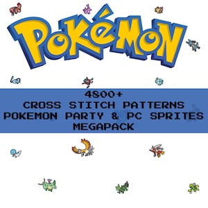 May include: A white background with the word "Pokémon" in yellow and blue. A blue banner displays "4800+ CROSS STITCH PATTERNS POKEMON PARTY & PC SPRITES MEGAPACK". Various Pokémon characters are scattered around the text.