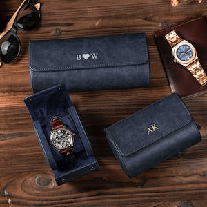 Personalised Handmade Navy Leather Watch Roll for Men 3 Watch Travel Case Gift for Watch Collectors  Gift For Him best man personalized gift