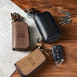 Genuine Leather Key Holder Case – 2 Zippered Pouch Key Organizer with Key Ring & Swivel Clip – Fits Car Key Fob, Keys, Anniversary Gifts