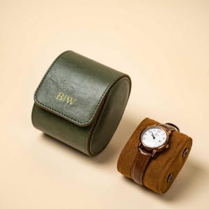 Gepersonaliseerde groene leren horlogerol – retrokast, initialen reishorlogekast voor heren – bruidsjonkers, Vaderdag, gepersonaliseerd cadeau