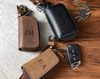 Genuine Leather Key Holder Case – 2 Zippered Pouch Key Organizer with Key Ring & Swivel Clip – Fits Car Key Fob, Keys, Anniversary Gifts