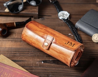 Personalized Leather Watch Case – Travel Watch Roll, Genuine Leather Watch Organizer with Custom Engraving, Gift for Men, Anniversary Gifts