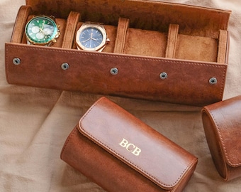 Personalized Travel 4 Slots watch roll, Custom Watch Case, Leather Watch Organizer, Best man gift,Anniversary Gifts,Father's Day Gift