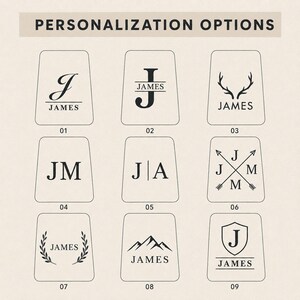Pode incluir: Uma grade de nove op&ccedil;&otilde;es de personaliza&ccedil;&atilde;o para grava&ccedil;&atilde;o, numeradas de 01 a 09. Cada op&ccedil;&atilde;o apresenta texto preto e &iacute;cones gr&aacute;ficos, incluindo iniciais, o nome JAMES, galhadas, setas, uma cordilheira e um escudo em um fundo claro.