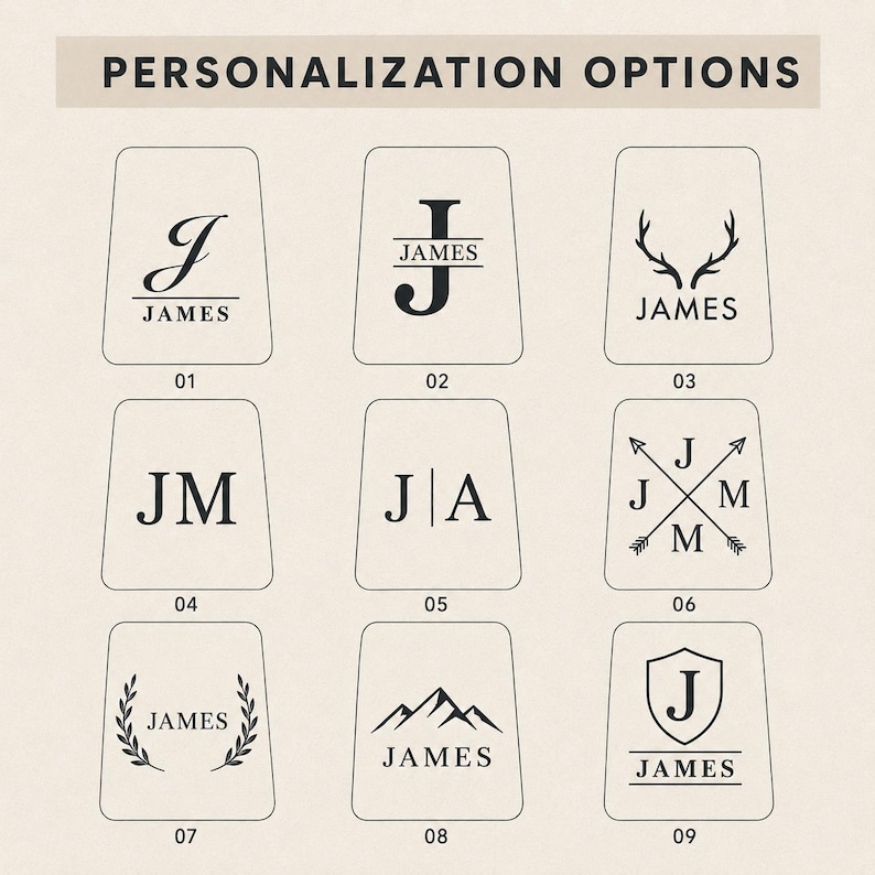 Pode incluir: Uma grade de nove op&ccedil;&otilde;es de personaliza&ccedil;&atilde;o para grava&ccedil;&atilde;o, numeradas de 01 a 09. Cada op&ccedil;&atilde;o apresenta texto preto e &iacute;cones gr&aacute;ficos, incluindo iniciais, o nome JAMES, galhadas, setas, uma cordilheira e um escudo em um fundo claro.