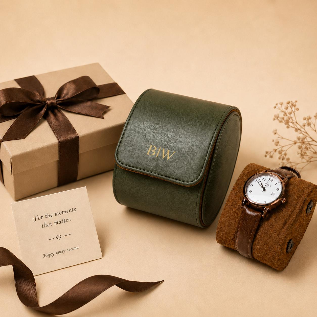 Personalized Green Leather Watch Roll - Retro Case, Initials Travel Watch Case for Men - Groomsmen, Gift for Him Anniversary Gifts