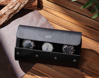 Personalised Handmade Black Leather Watch Roll for Men Watch Travel Case Gift for Watch Collectors Personalized gift Anniversary Gifts