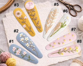 Pasador de pelo de lino con bordado floral hecho a mano / Pasador de pelo estilo cottagecore