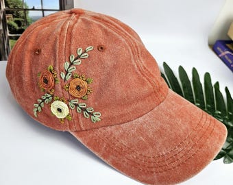 Gorra de algodón floral bordada a mano: gorra de béisbol vintage lavada