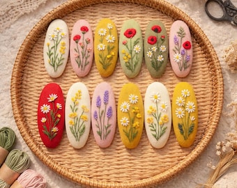 Pasador de pelo de lino con bordado floral hecho a mano / Pasador de pelo estilo cottagecore