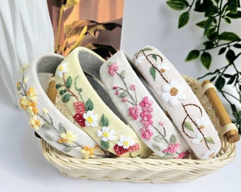 Regalo personalizado para ella, diadema de lino bordada a mano, accesorio floral para el cabello de despedida de soltera