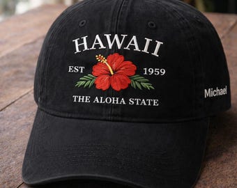 Gorra hawaiana con nombre personalizado, gorra Aloha bordada, gorra de papá personalizada, gorra de playa vintage, regalo para vacaciones tropicales, gorra de algodón unisex