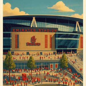 May include: A vintage-style poster of Emirates Stadium, home of Arsenal Football Club. The image features the stadium exterior with the text "ARSENAL" at the top and "Emirates Stadium" on the facade. A crowd of people in red shirts are walking around the stadium.