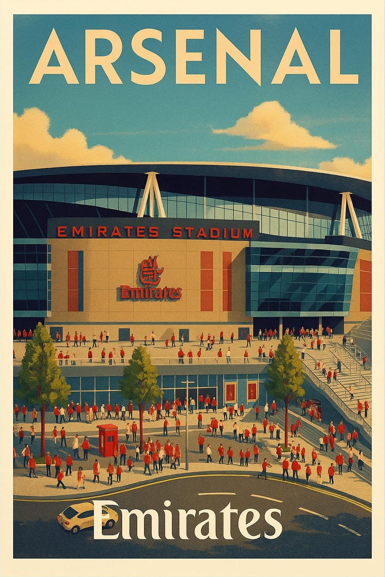 May include: A vintage-style poster of Emirates Stadium, home of Arsenal Football Club. The image features the stadium exterior with the text "ARSENAL" at the top and "Emirates Stadium" on the facade. A crowd of people in red shirts are walking around the stadium.