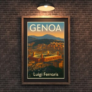 May include: Framed poster featuring a vintage travel design for Genoa, Italy. The artwork depicts a stadium, city buildings, and mountains under a sunset sky. The poster includes the text "GENOA" and "Luigi Ferraris".