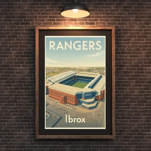 May include: A framed poster featuring a stylized illustration of Ibrox Stadium, home of the Rangers football club. The poster has a vintage aesthetic with the word "Rangers" at the top and "Ibrox" at the bottom, set against a blue sky.