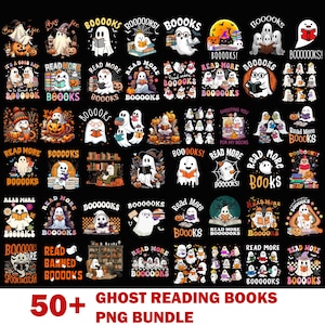 50+ Halloween Ghost Reading Books Png, Cute Ghost Book Nerd, Ghost Halloween PNG, Teacher Png, Librarian Sublimation, Spooky Season
