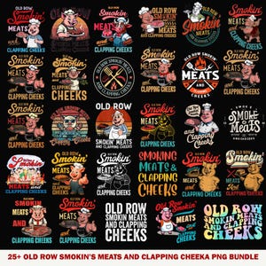 Puede incluir: Una colección de diseños gráficos con cerdos de dibujos animados con gorros de chef, sirviendo platos de carne. El texto incluye "Old Row Smokin' Meats and Clapping Cheeks" y "25+ Old Row Smokin's Meats and Clapping Cheeka PNG Bundle".
