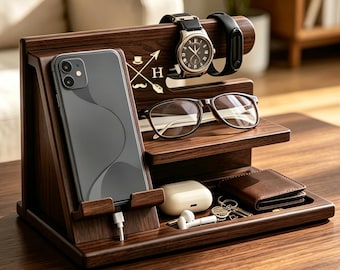 Personalisierte Dockingstation aus Holz für Handy, Tablet, Geldbörse, Gadgets, Uhr, Schlüssel, Accessoires, Schreibtisch-Organizer, Geschenkidee für ihn