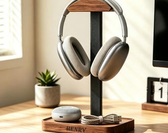 Personalized Wooden Headphones Holder,Engraved Headset Stand with Name,Desk Organizer,1st Anniversary Gift for Husband,Birthday Gift For Him