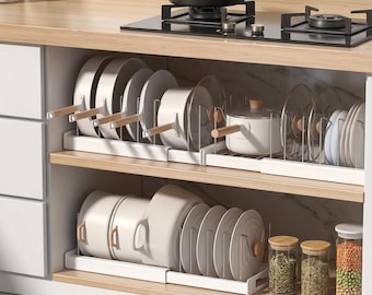 Organizador de ollas y sartenes expandible para cocina, estante de almacenamiento ajustable para armarios de cocina para ollas, sartenes y tapas.