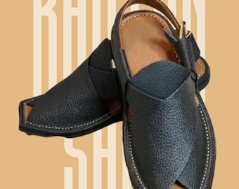 Handmade Black Dotted Leather Peshawari Chappals: Traditional Men's Sandals
