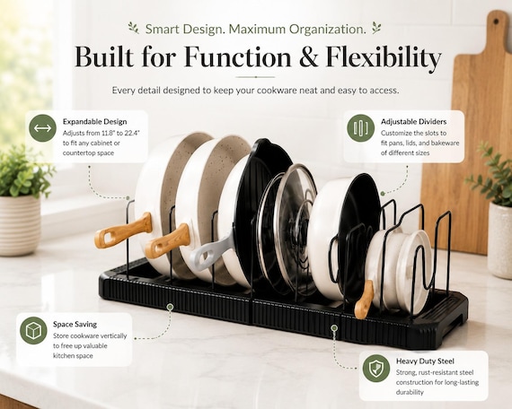 Expandable Kitchen Pot Pan Organizer ,Adjustable Kitchen Cabinet Storage Rack for Pots, Pans & Lids