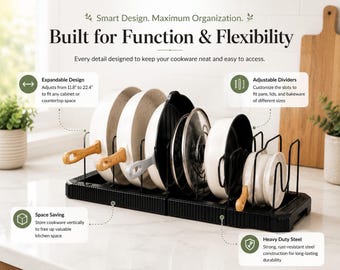 Expandable Kitchen Pot Pan Organizer black ,Adjustable Kitchen Cabinet Storage Rack for Pots, Pans & Lids