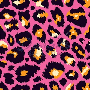 May include: A repeating leopard print pattern featuring a vibrant pink background with irregular dark purple spots. Each spot contains a central accent of bright orange and cream yellow, creating a bold, high-contrast graphic design.