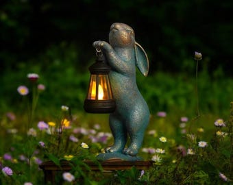 Rabbit with Solar Lantern Garden Decor Animal Statue Outdoor Solar Light Resin Ornament Home Decorations Rabbit Garden Ornament Lawn Decor