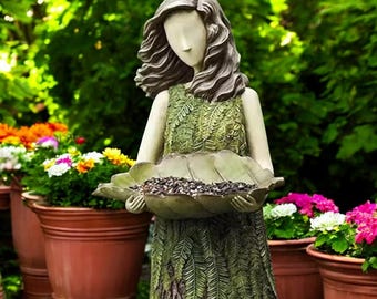 Green Statue Fairy Decor Enchanted Forest Girl Statue Bird Feeder Crafts Outdoor Garden Statue Sculpture Garden Ornament Decor Resin
