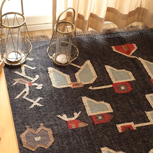 Handmade Wool Jute Kilim Rug,Wool Jute Kilim Rug,Wool and Jute Rug Handmade, Kilim Dhurrie Rug,Handmade Navajo Kilim Rug, Aztec Rug,