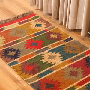 Multi Sizes Runner Rug For Stairs | Handwoven Geometric Indian Kilim Rug | Eco Friendly & Sustainble | Kitchen, Bedside, Hallway, Entryway