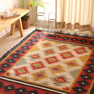 Kilim Rug, Handwoven, Wool and Jute Rug Handmade, Kilim Dhurrie Rug, Traditional Indian jute Area rug