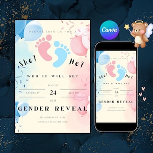 EDITABLE Pink or Blue Gender Reveal Invitation, Surprise Gender Reveal Invite, He or She What Will Baby Be, Canva Template, Baby Shower