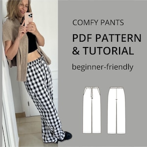 May include: Black and white checkered pattern pants. The image also includes the text "COMFY PANTS PDF PATTERN & TUTORIAL beginner-friendly". The pants are wide-legged and appear to be made of a soft fabric.