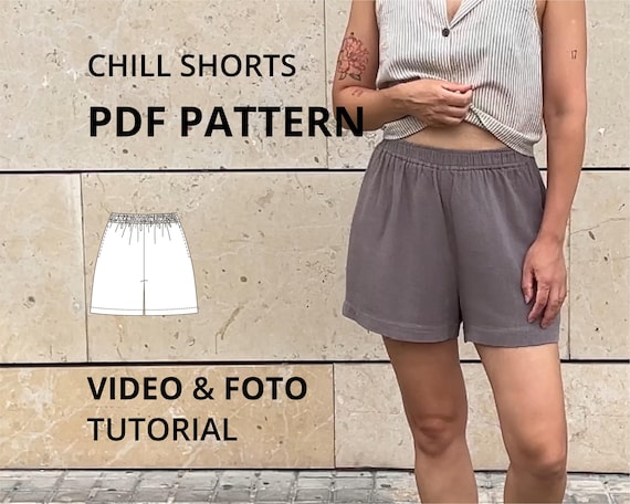 伸縮性のあるウエストのショートパンツのPDFパターン • サイドスリット 