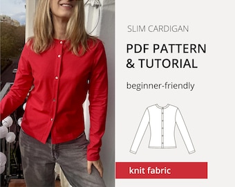 Modello di cucito PDF per cardigan sottile • Cardigan aderente in maglia • Chiusura con bottone o cravatta • A4/Lettera/A0 • Adatto ai principianti • Donna 0–12